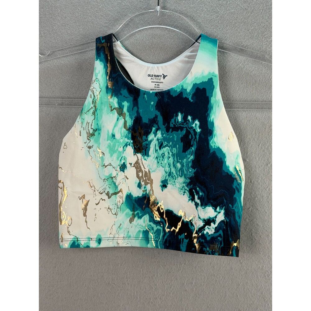 Old Navy PowerSoft Girls M 8 Teal Gold Marble Longline Sports Bra Crop Top